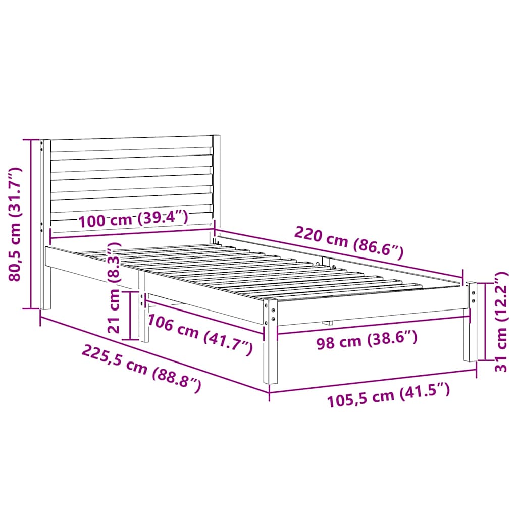 vidaXL Struttura del letto Bianco 100 x 220 cm Legno di pino massello