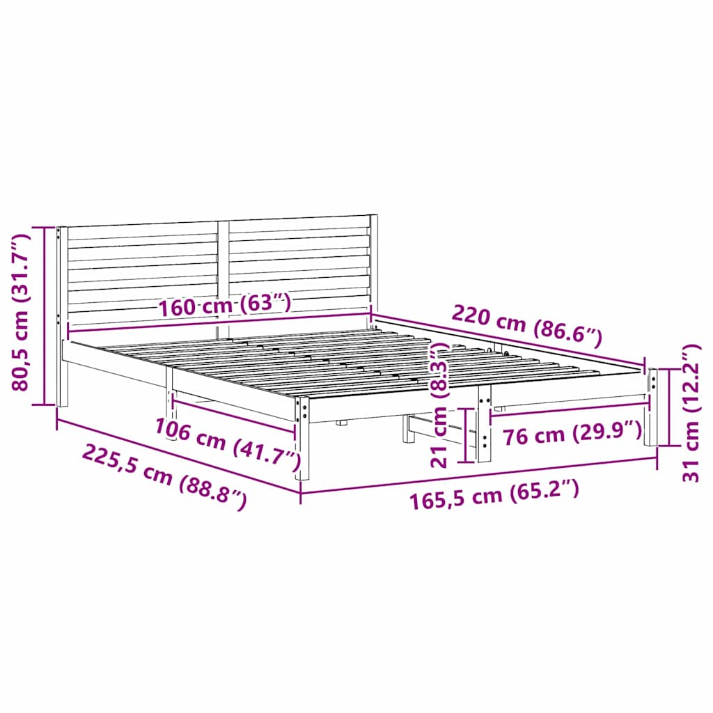 vidaXL Struttura del letto Marrone 160 x 220 cm Legno di pino massello