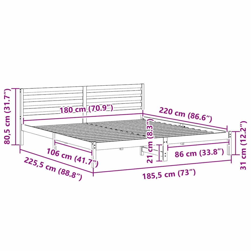 vidaXL Struttura del letto Marrone 180 x 220 cm Legno di pino massello