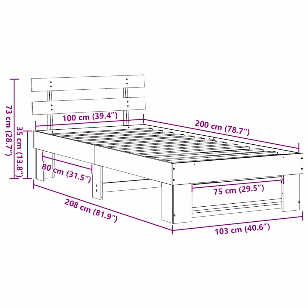vidaXL Struttura del letto Marrone 100 x 200 cm Legno di pino massello