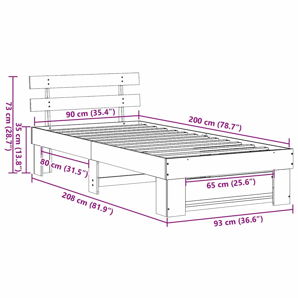 vidaXL Struttura del letto Marrone 90 x 200 cm Legno di pino massello