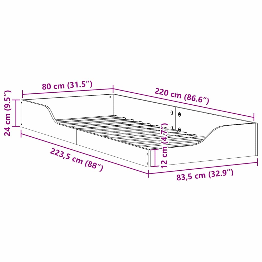 vidaXL Struttura letto a terra Marrone 80 x 220 cm