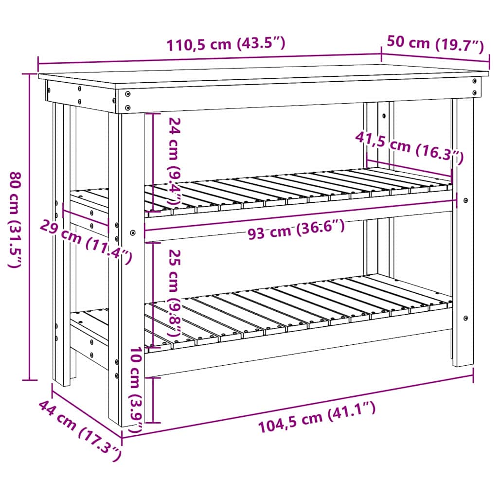 vidaXL Banco da lavoro con lo scaffale Cera marrone 110.5 x 50 x 80 cm