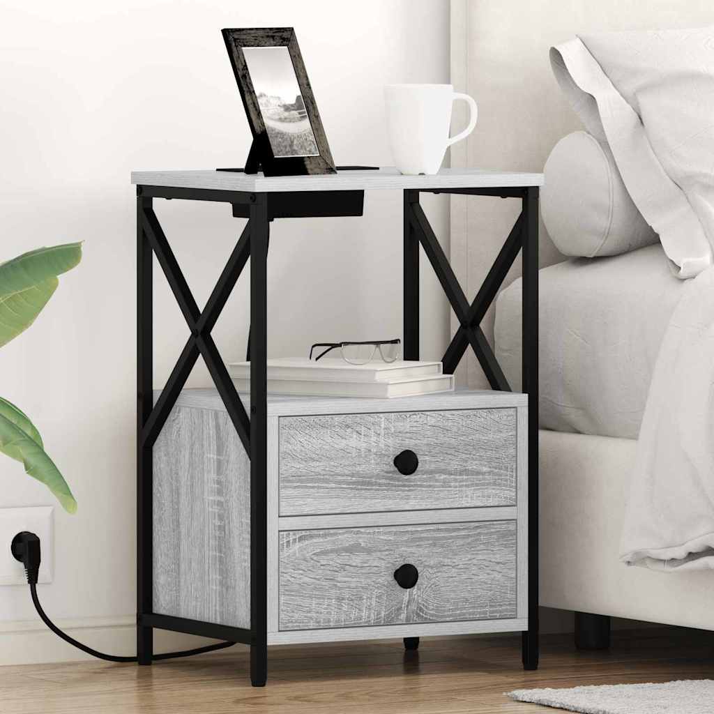 vidaXL Comò con stazione di ricarica con cassetto 2 pcs Grigio sonoma