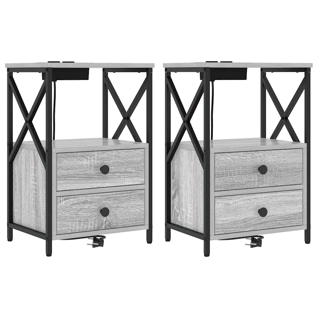 vidaXL Comò con stazione di ricarica con cassetto 2 pcs Grigio sonoma
