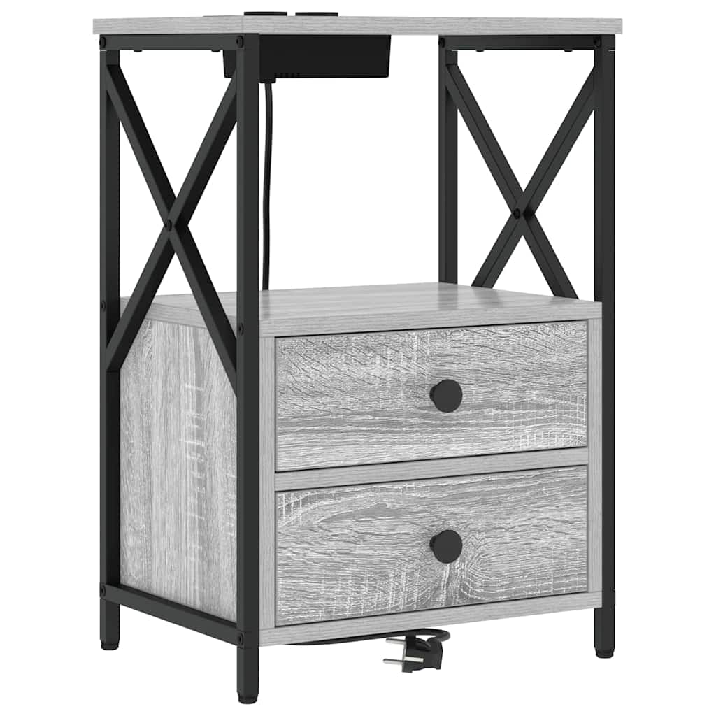 vidaXL Comò con stazione di ricarica con cassetto 2 pcs Grigio sonoma