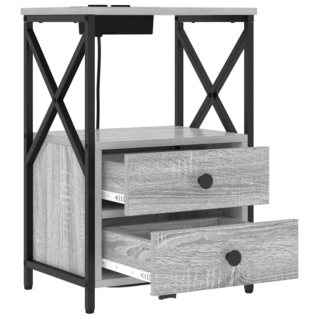vidaXL Comò con stazione di ricarica con cassetto 2 pcs Grigio sonoma