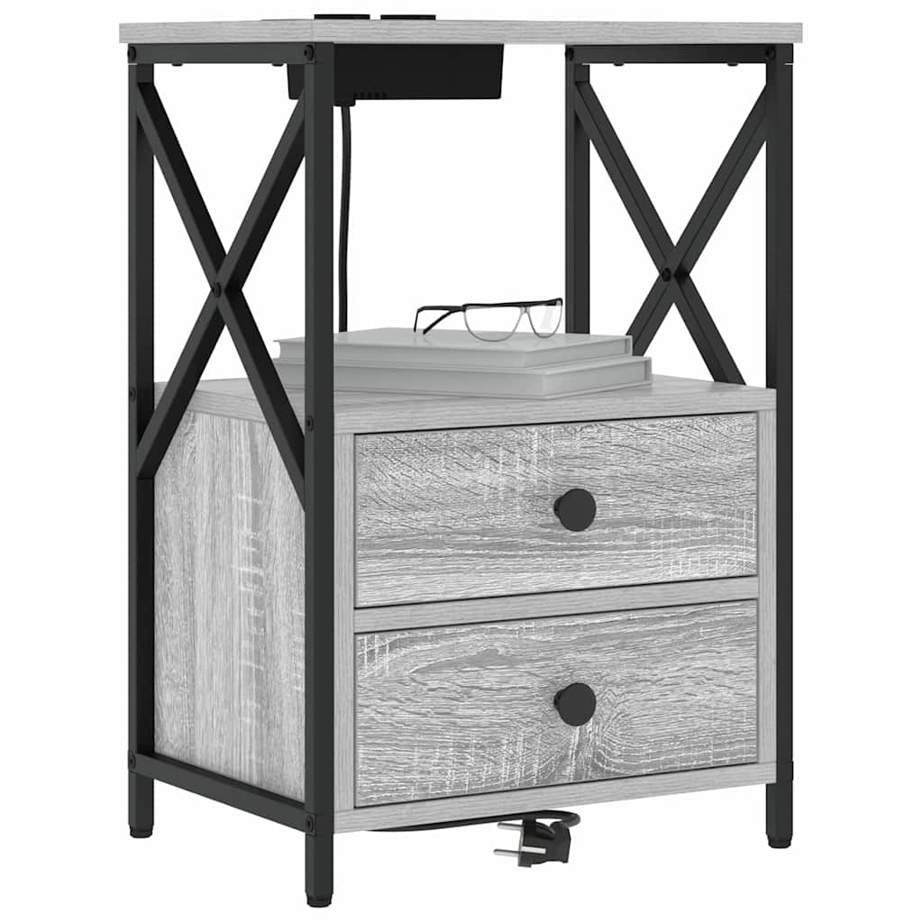 vidaXL Comò con stazione di ricarica con cassetto 2 pcs Grigio sonoma