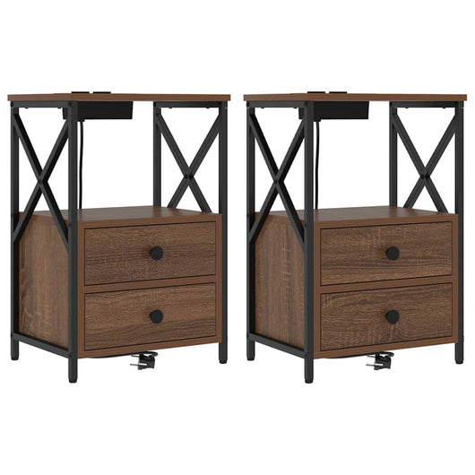 vidaXL Comò con stazione di ricarica con cassetto 2 pcs Rovere marrone
