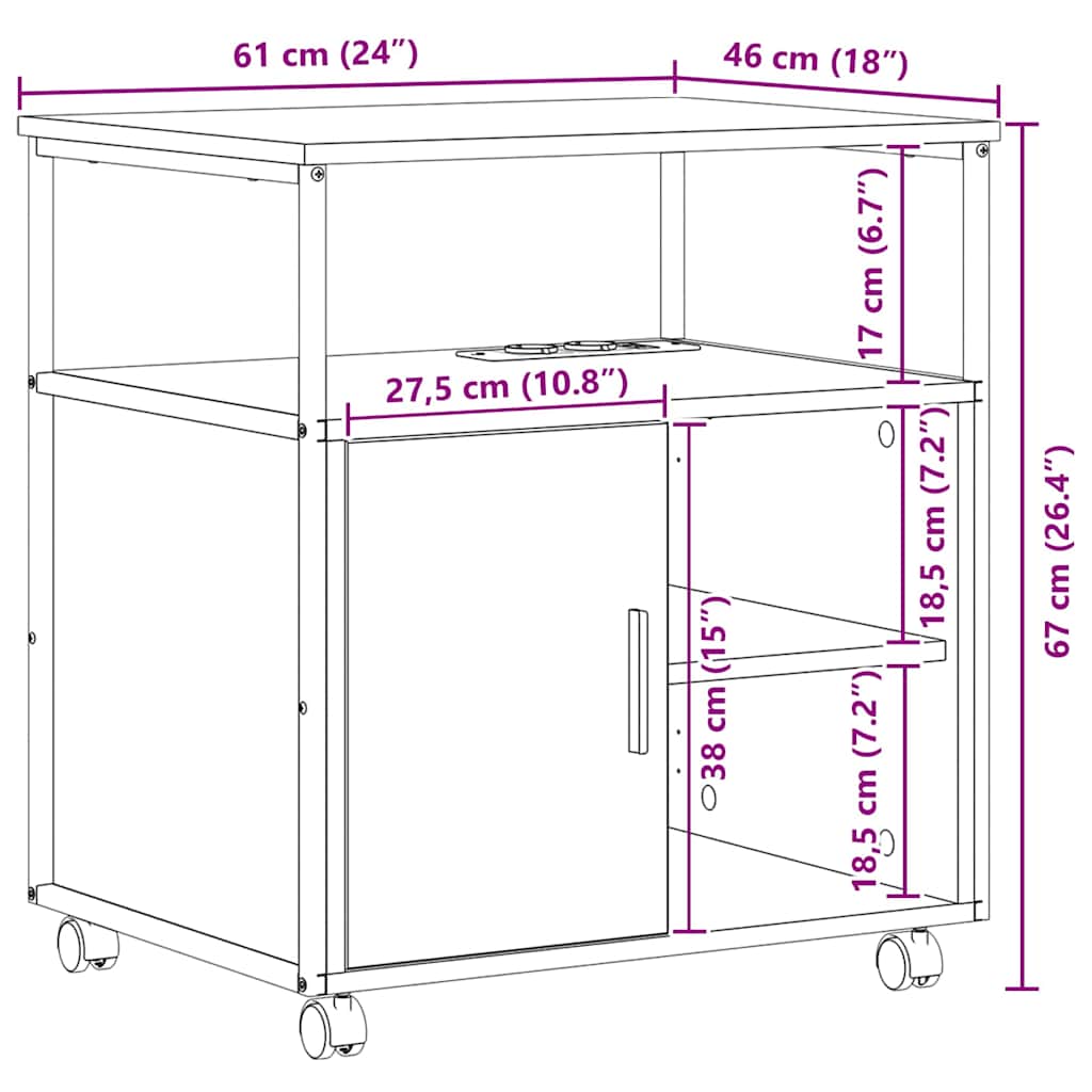 vidaXL Mobile per Ufficio con ruota Rovere marrone 61 x 46 x 67 cm