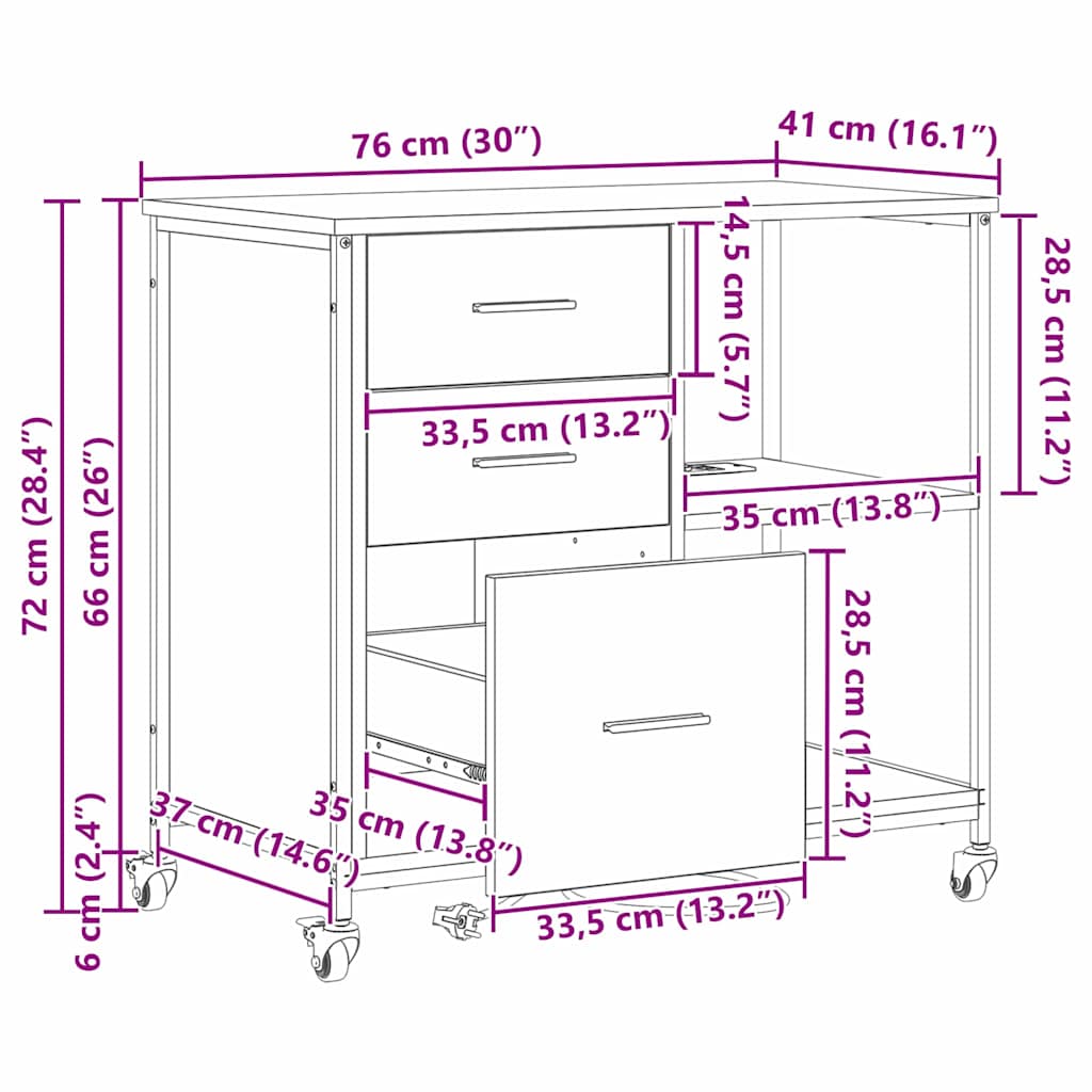 vidaXL Mobile per Ufficio con ruota Grigio sonoma 76 x 41 x 72 cm