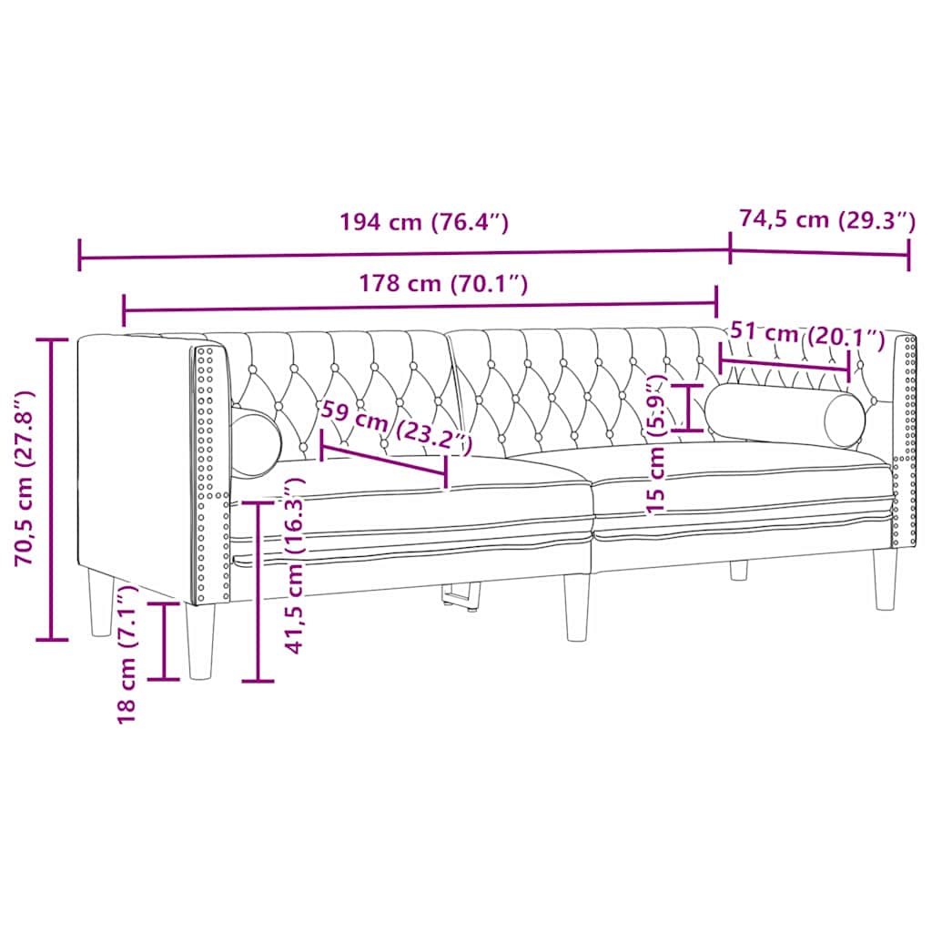 Divano-Sofa-Divanetto Grigio chiaro 194 x 74,5 x 70,5 cm Velluto