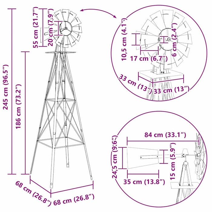 vidaXL Mulino a vento Grigio 84 x 68 x 245 cm Ferro
