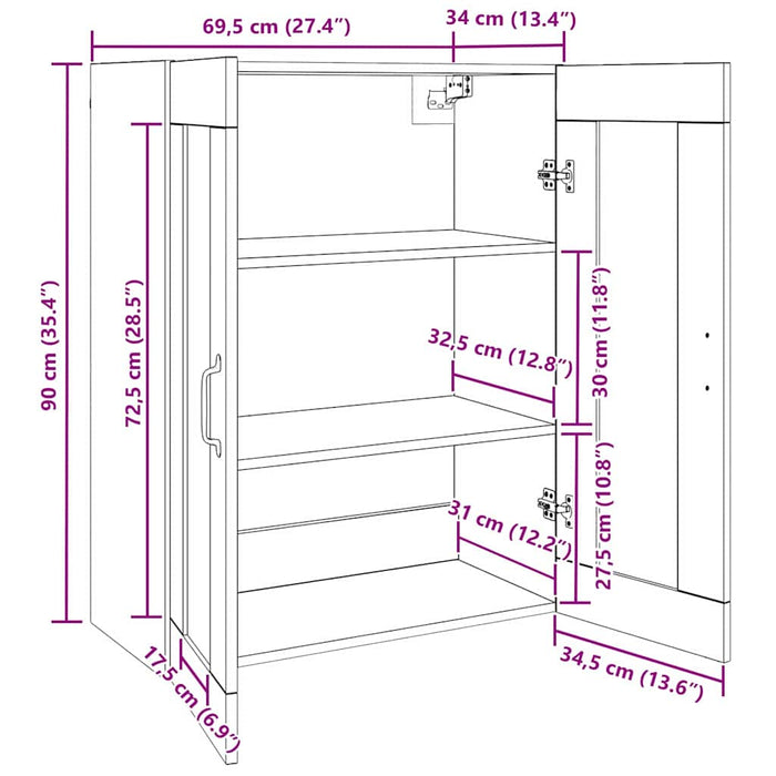 vidaXL Mobiletto da parete appeso Marrone 69.5 x 34 x 90 cm
