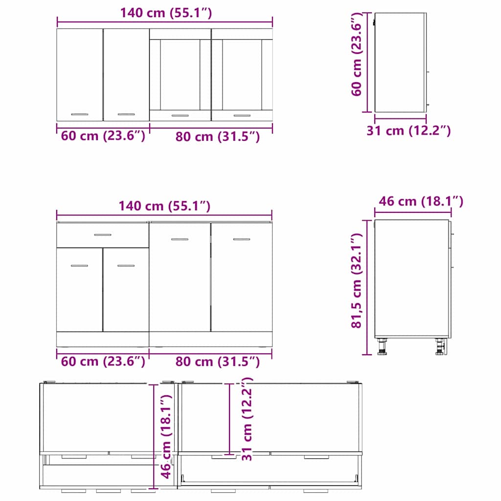 Set mobili da cucina Lyon 4 pz-Armadietto Cucina Rovere fum¨¦ 140 x 46 x 81.5 cm