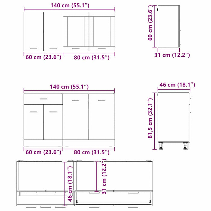 Set mobili da cucina Lyon 4 pz-Armadietto Cucina Rovere fum¨¦ 140 x 46 x 81.5 cm