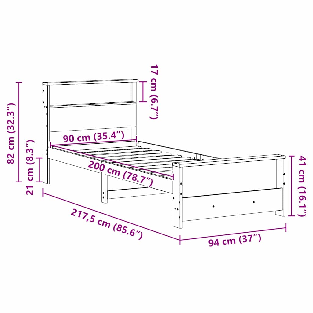 vidaXL Struttura del letto Marrone 90 x 200 cm Legno di pino massello