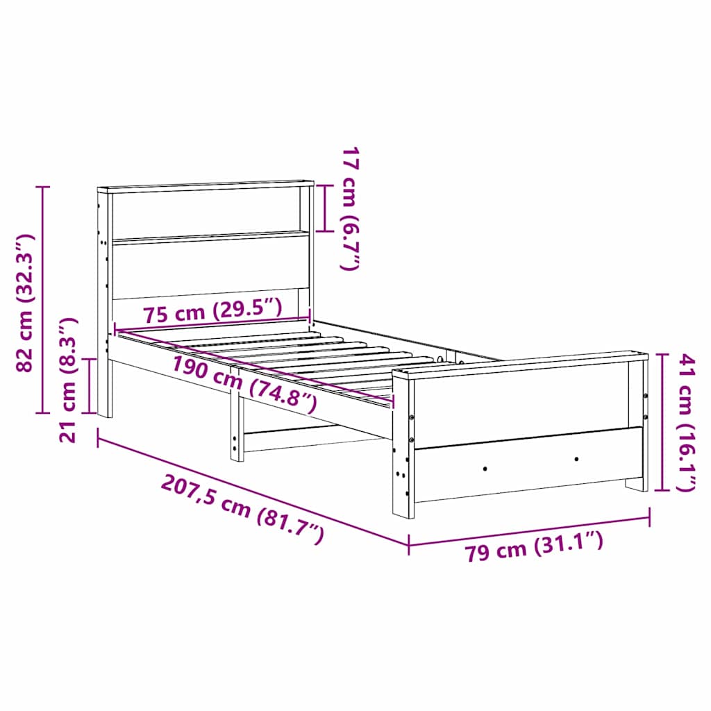 vidaXL Struttura del letto Marrone 75 x 190 cm Legno di pino massello