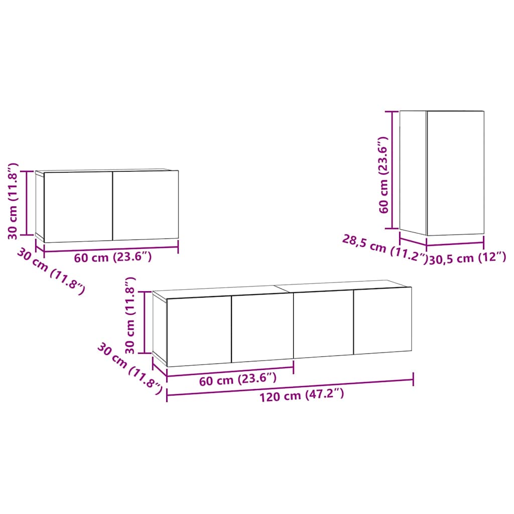vidaXL Set mobile TV 4 pcs Rovere nero 30.5 x 30 x 60 cm