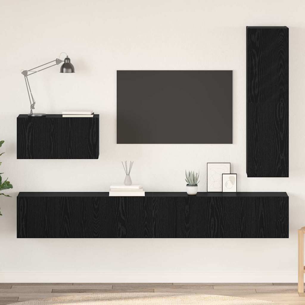 Set mobile TV con cassetto 4 pz-Credenza per TV Rovere Nero Legno multistrato