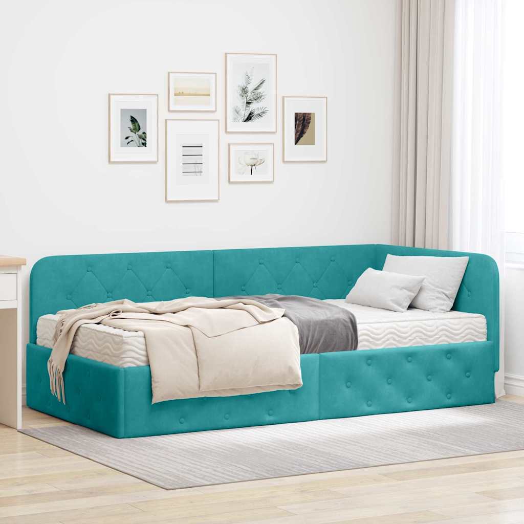 Cornice del letto ad angolo Turchese 90 x 190 cm Velluto