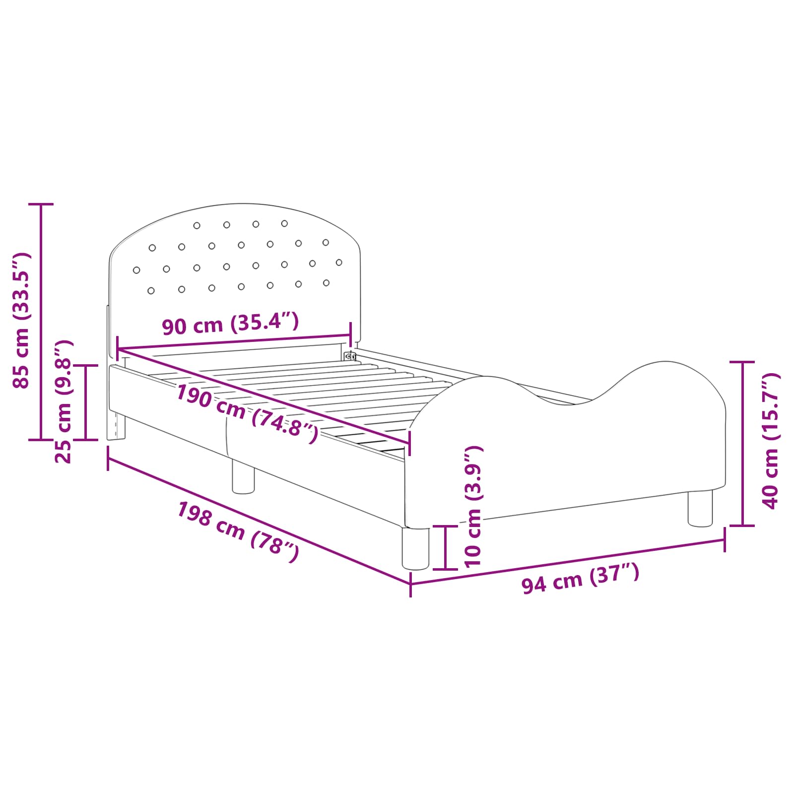 Struttura letto bambini con testata Nero 90 x 190 cm Velluto 42011122