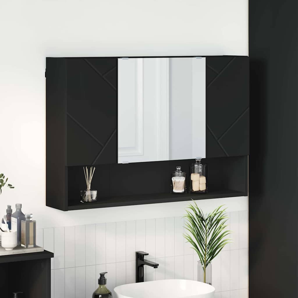 Mobiletto per specchio-Mensola con Specchio Nero 80 x 17 x 55 cm Legno multistrato