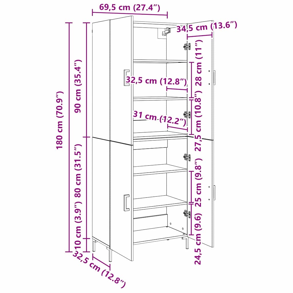 vidaXL Credenza Legno vecchio 69,5 x 34 x 180 cm Legno multistrato