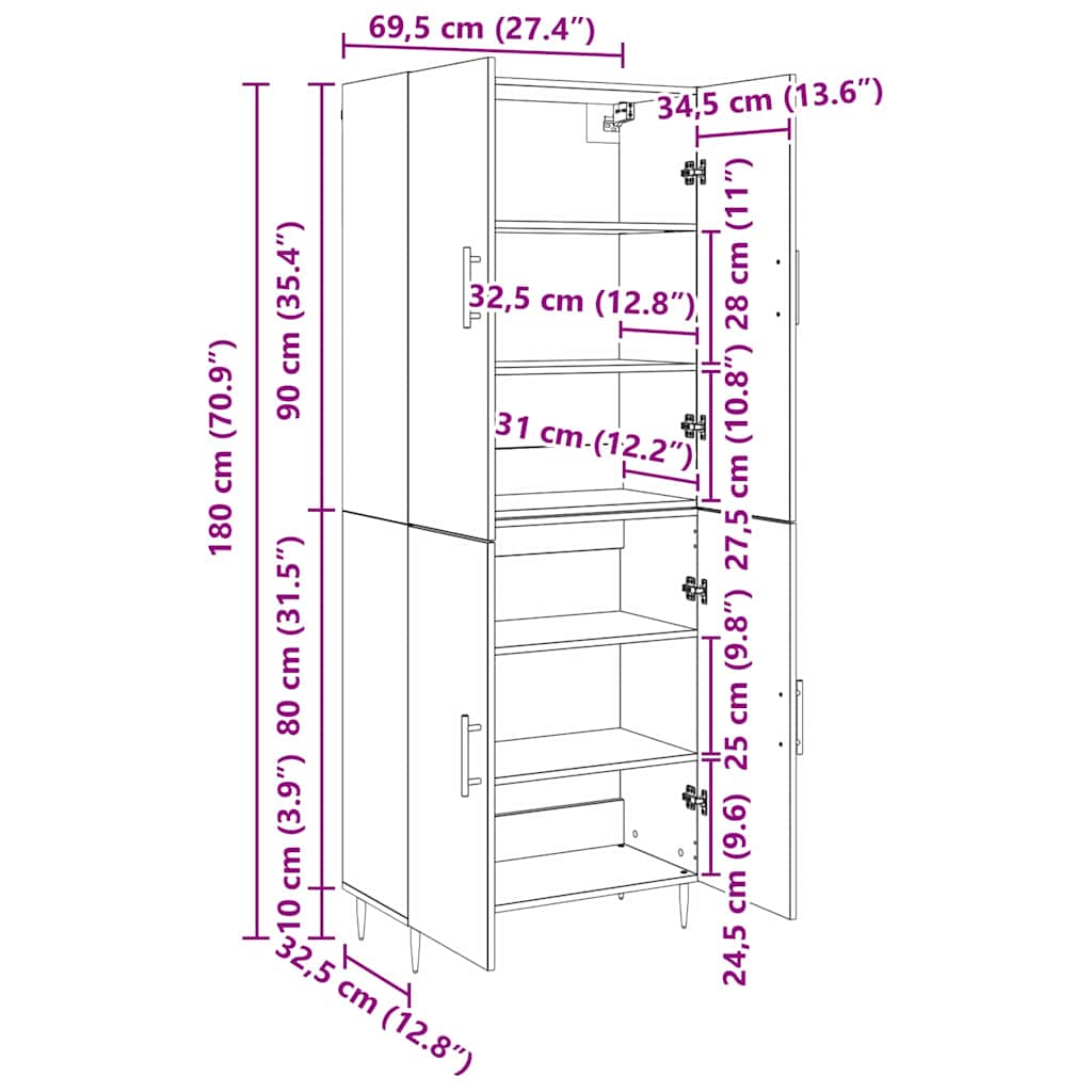 vidaXL Credenza rovere artigianale 69,5 x 34 x 180 cm
