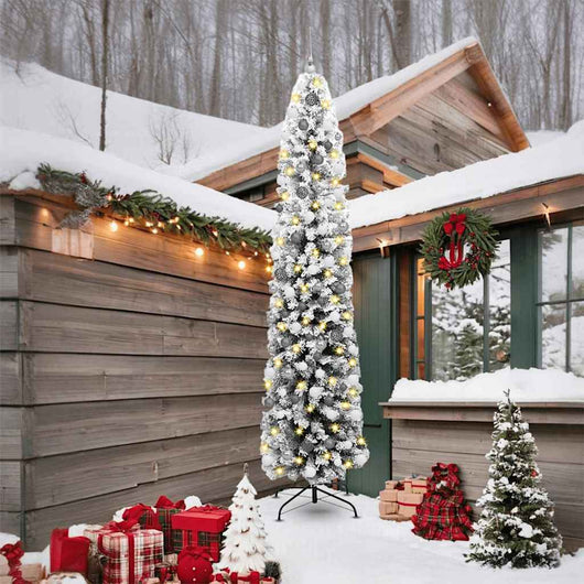 Albero di Natale sottile con 300 LED & Set di palline & Neve imbiancata Verde 240 cm 3395043