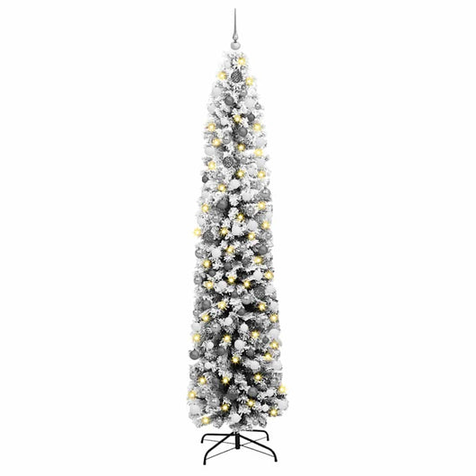 Albero di Natale sottile con 300 LED & Set di palline & Neve imbiancata Verde 240 cm 3395043