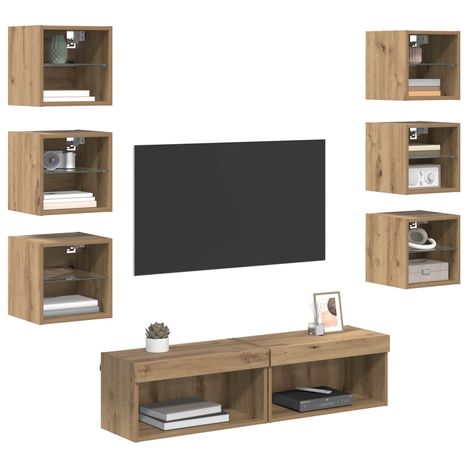 Mobile TV con cassetto-Credenza TV-Console TV 8 pcs Rovere artigianale Vetro