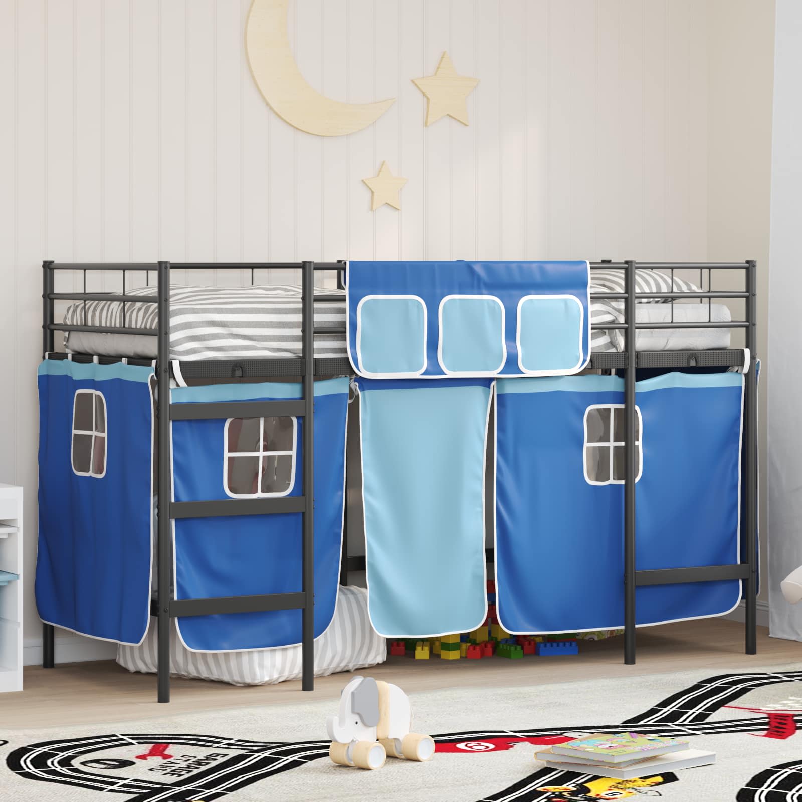 Struttura del Letto Loft per Bambini con Tendine Nero e Blu 42020798