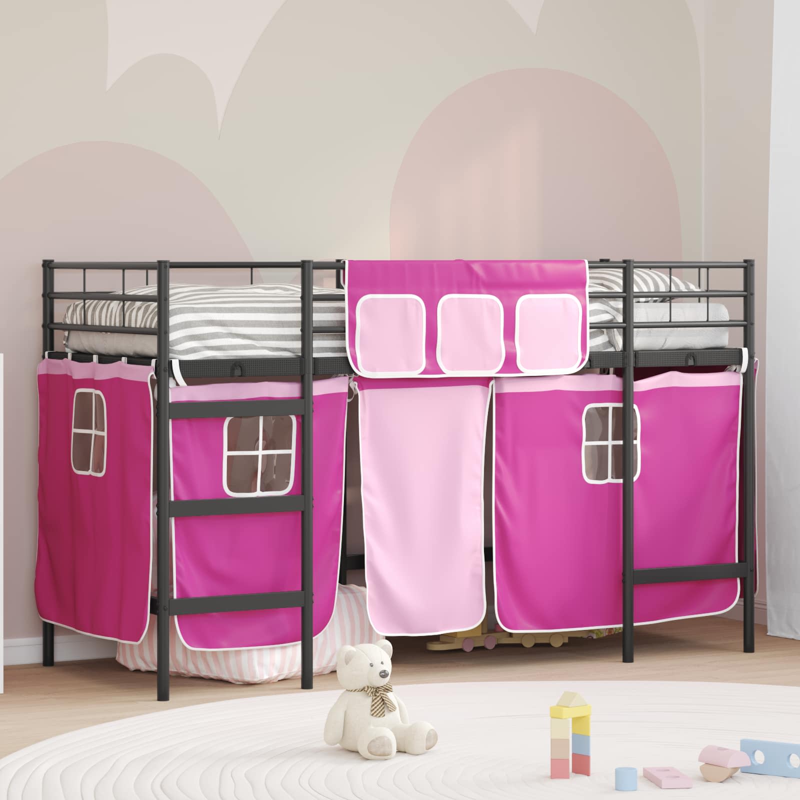 Struttura del Letto Loft per Bambini con Tendine Nero e rosa 42020801