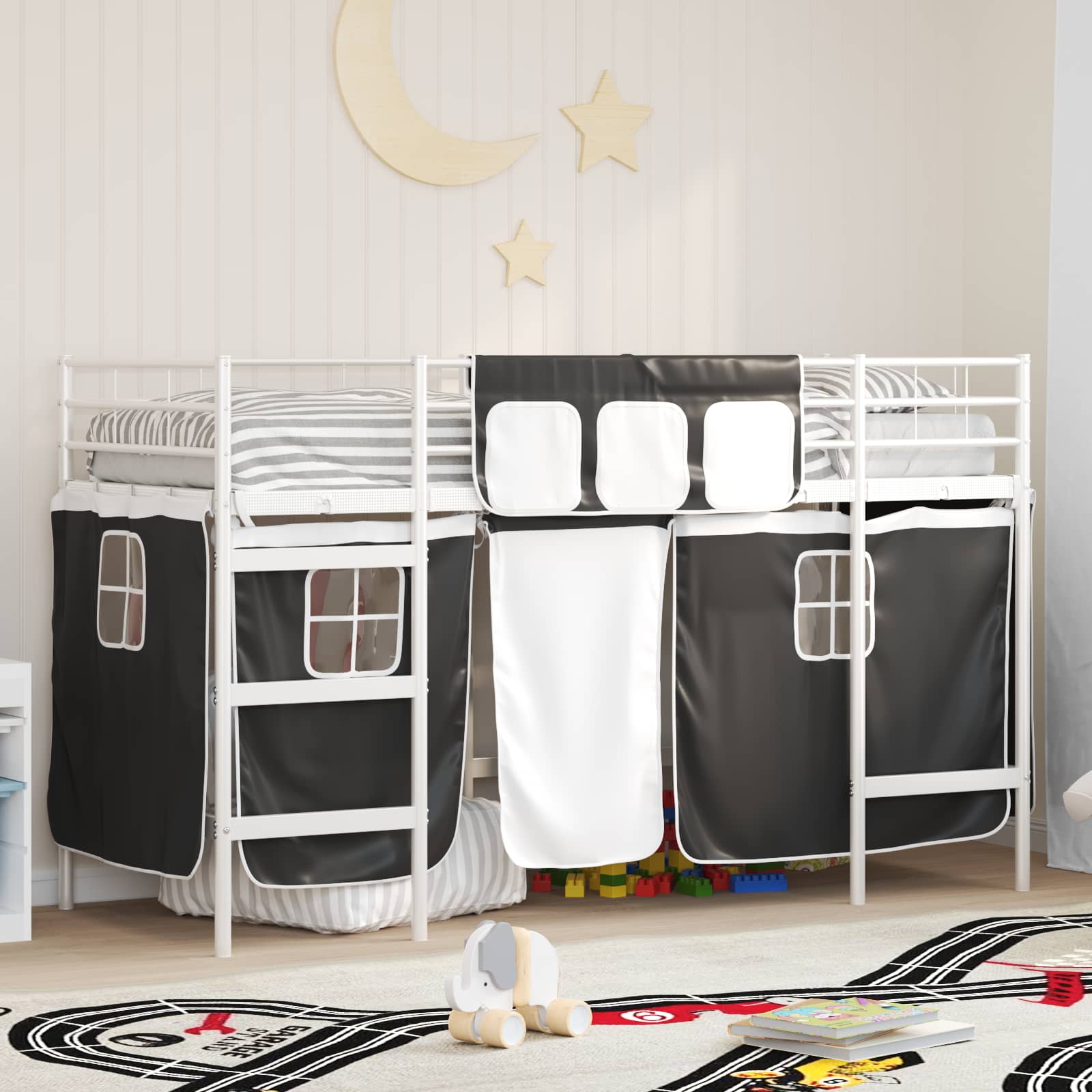 Struttura del Letto Loft per Bambini con Tendine Bianco e Nero 42020810