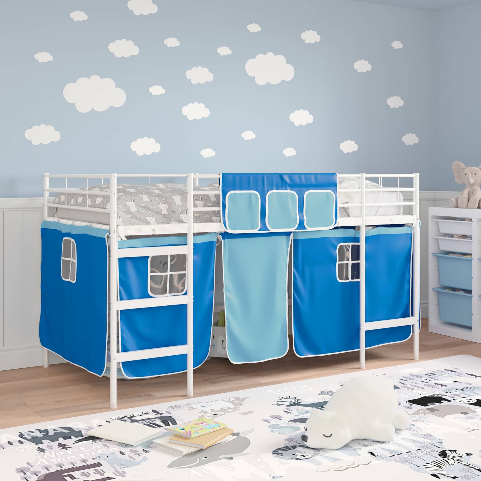 Struttura del Letto Loft per Bambini con Tendine Bianco e Blu 42020818