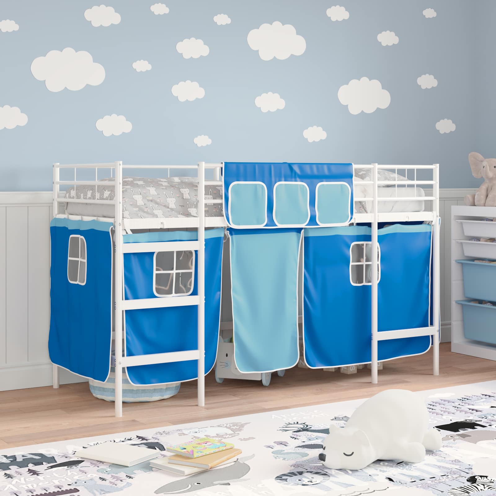 Struttura del Letto Loft per Bambini con Tendine Bianco e Blu 42020819