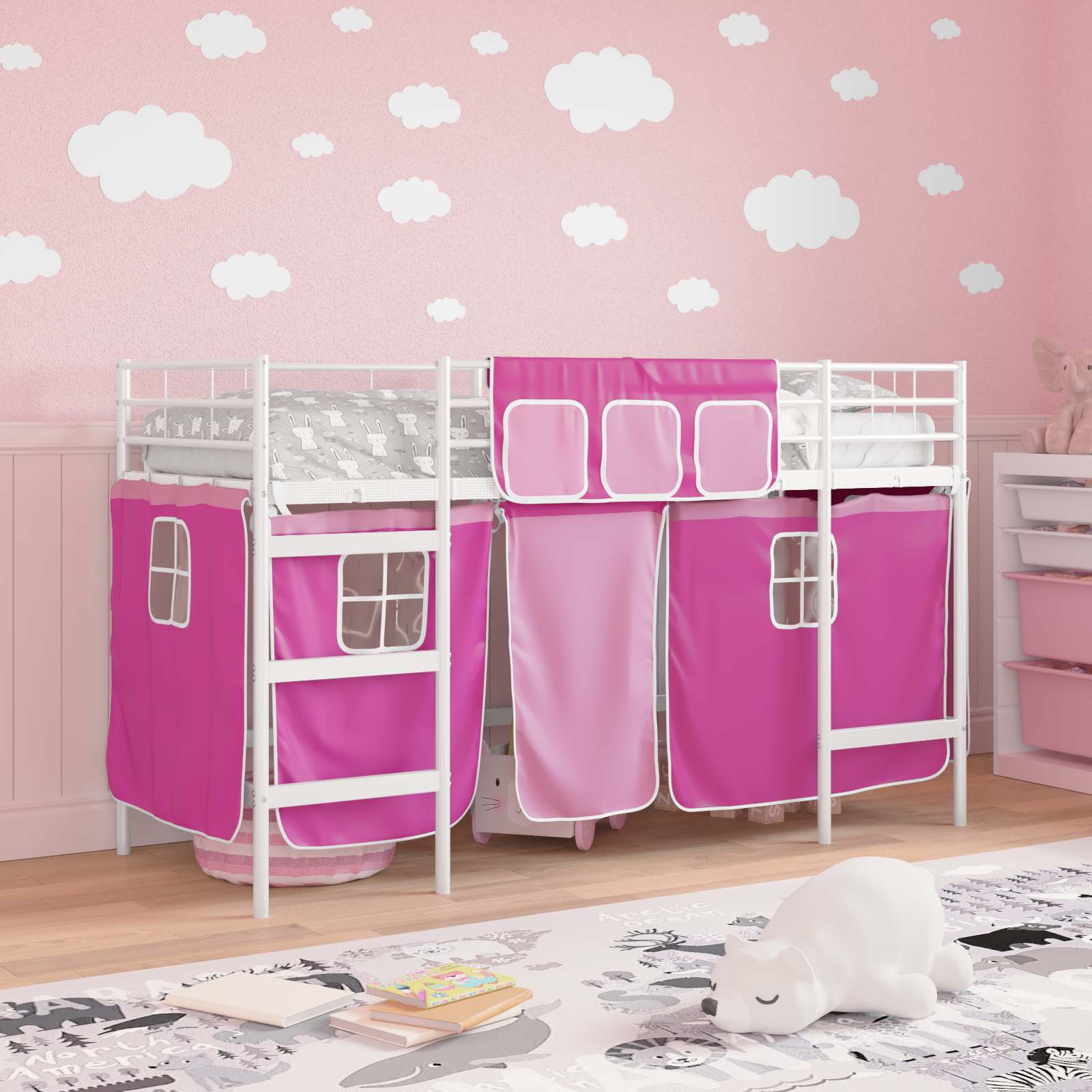 Struttura del Letto Loft per Bambini con Tendine Bianco e Rosa 42020822