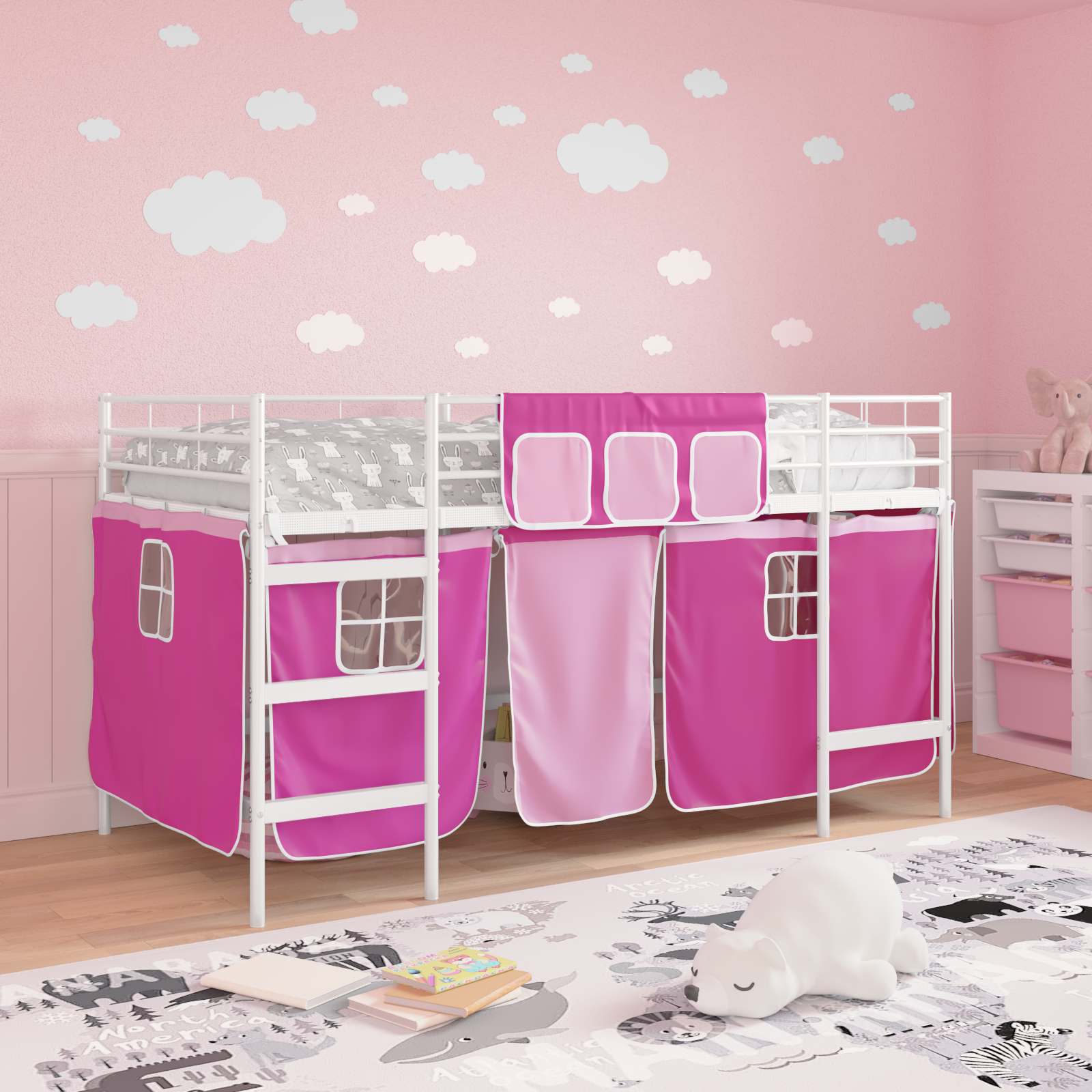 Struttura del Letto Loft per Bambini con Tendine Bianco e Rosa 42020828