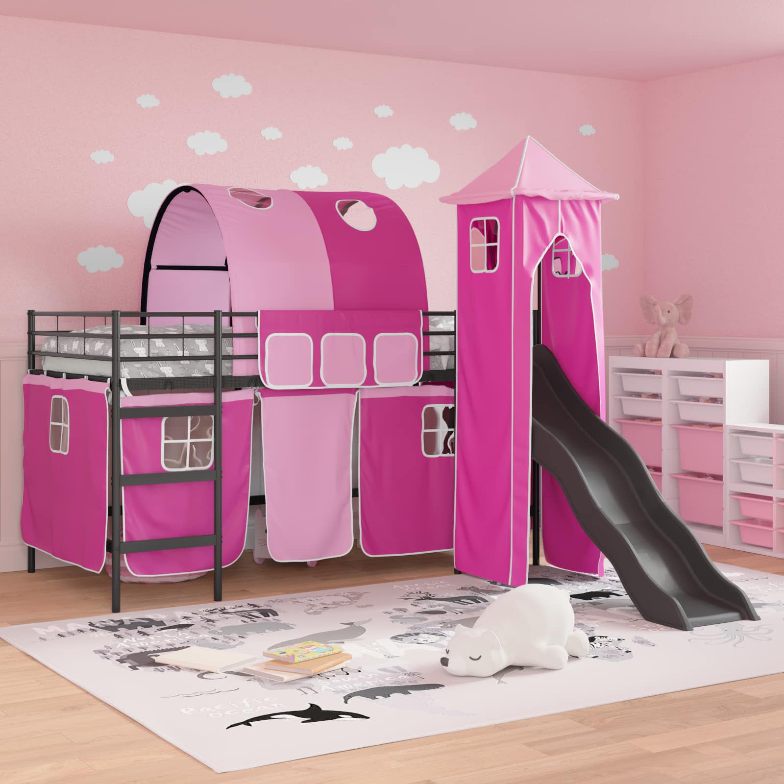 Struttura del letto loft per bambini Nero e rosa 90 x 200 cm