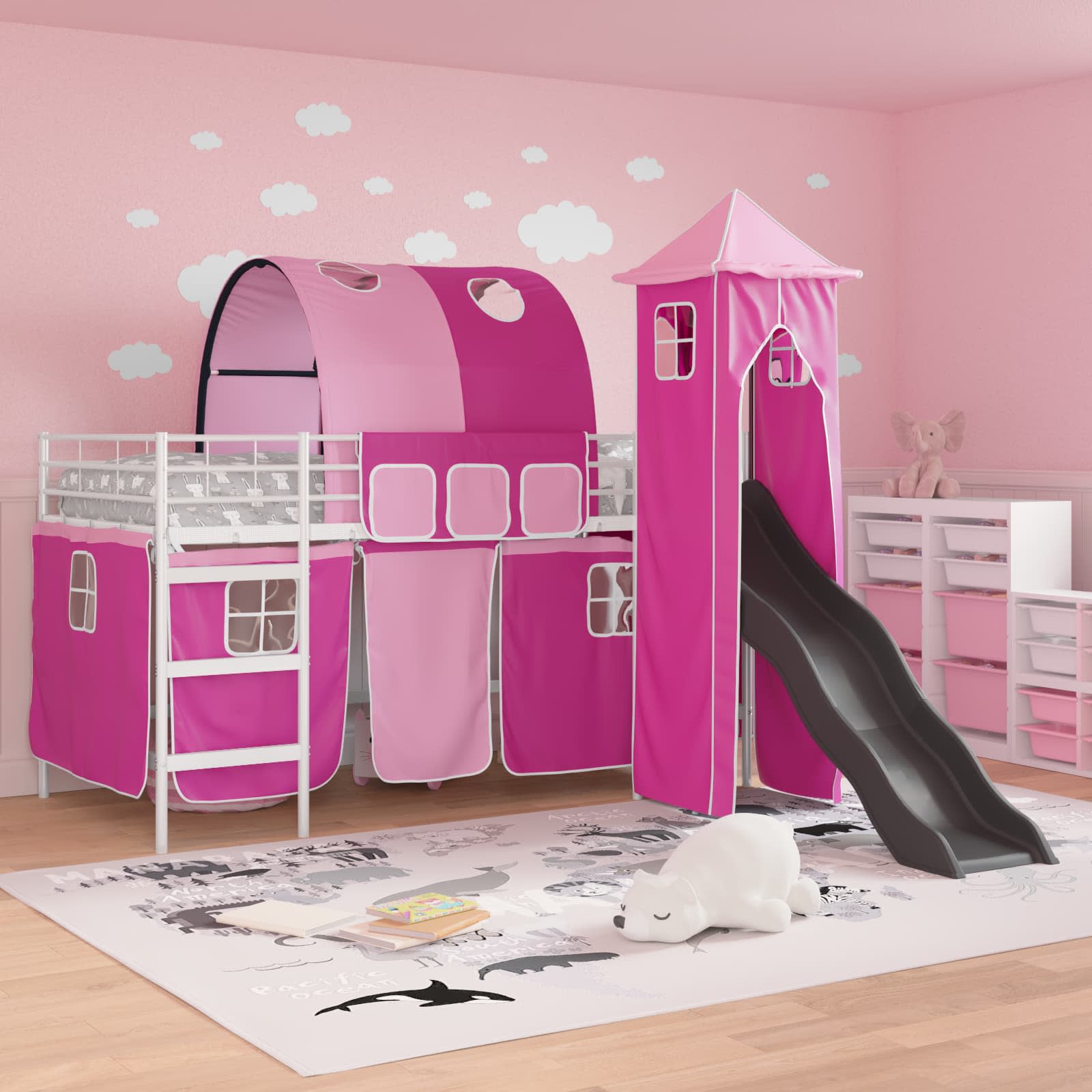 Struttura del letto loft per bambini Bianco e Rosa Metallo