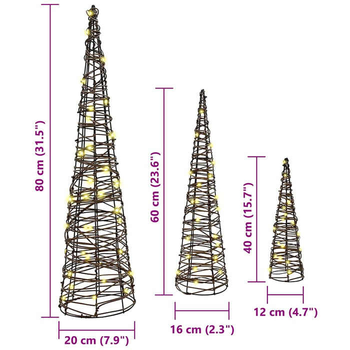 Albero di Natale 3 pz-Decorazioni natalizie Bianco caldo 20 x 20 x 80 cm Rattan