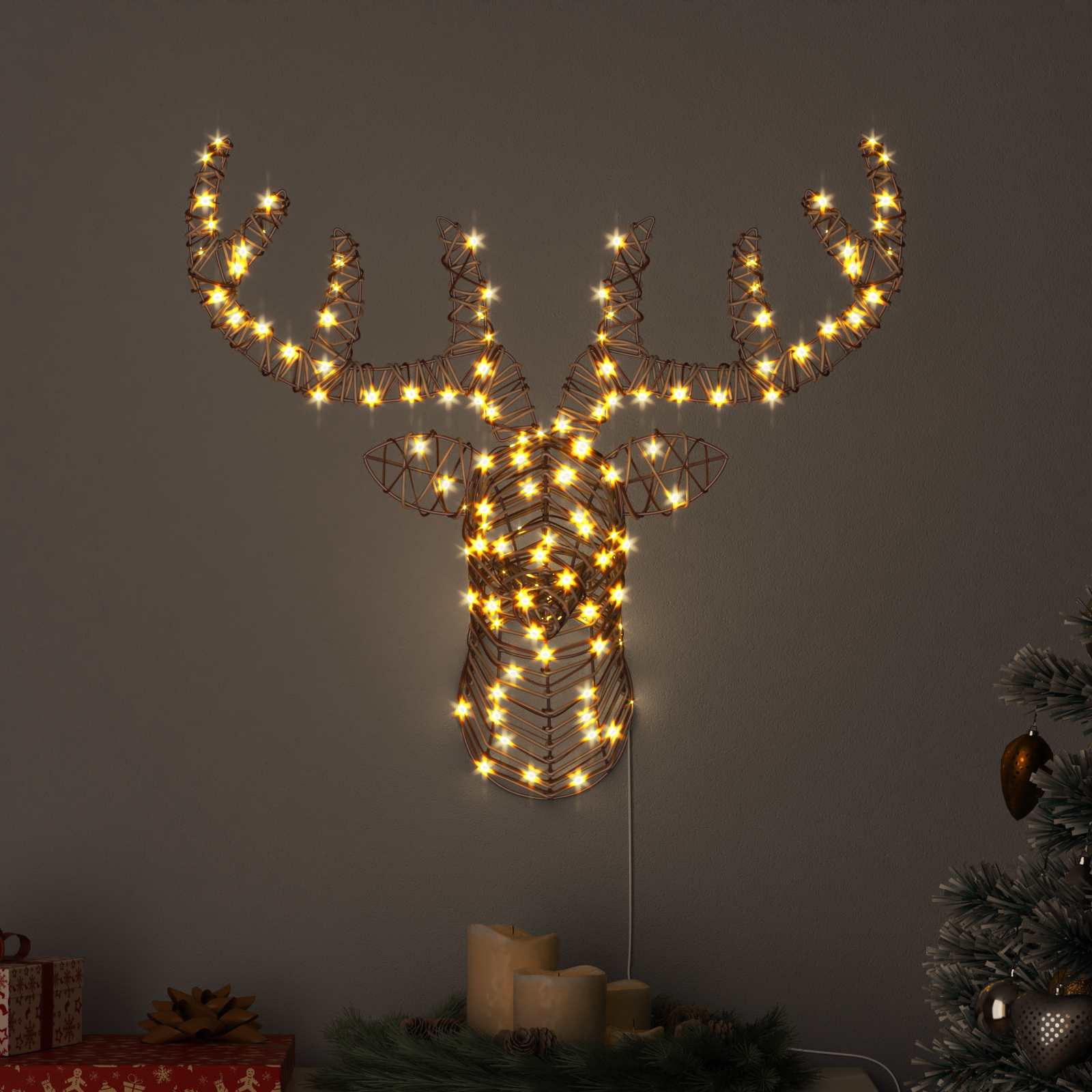 Slitta trainata da renna con 140 LED Bianco caldo Rattan 42019067