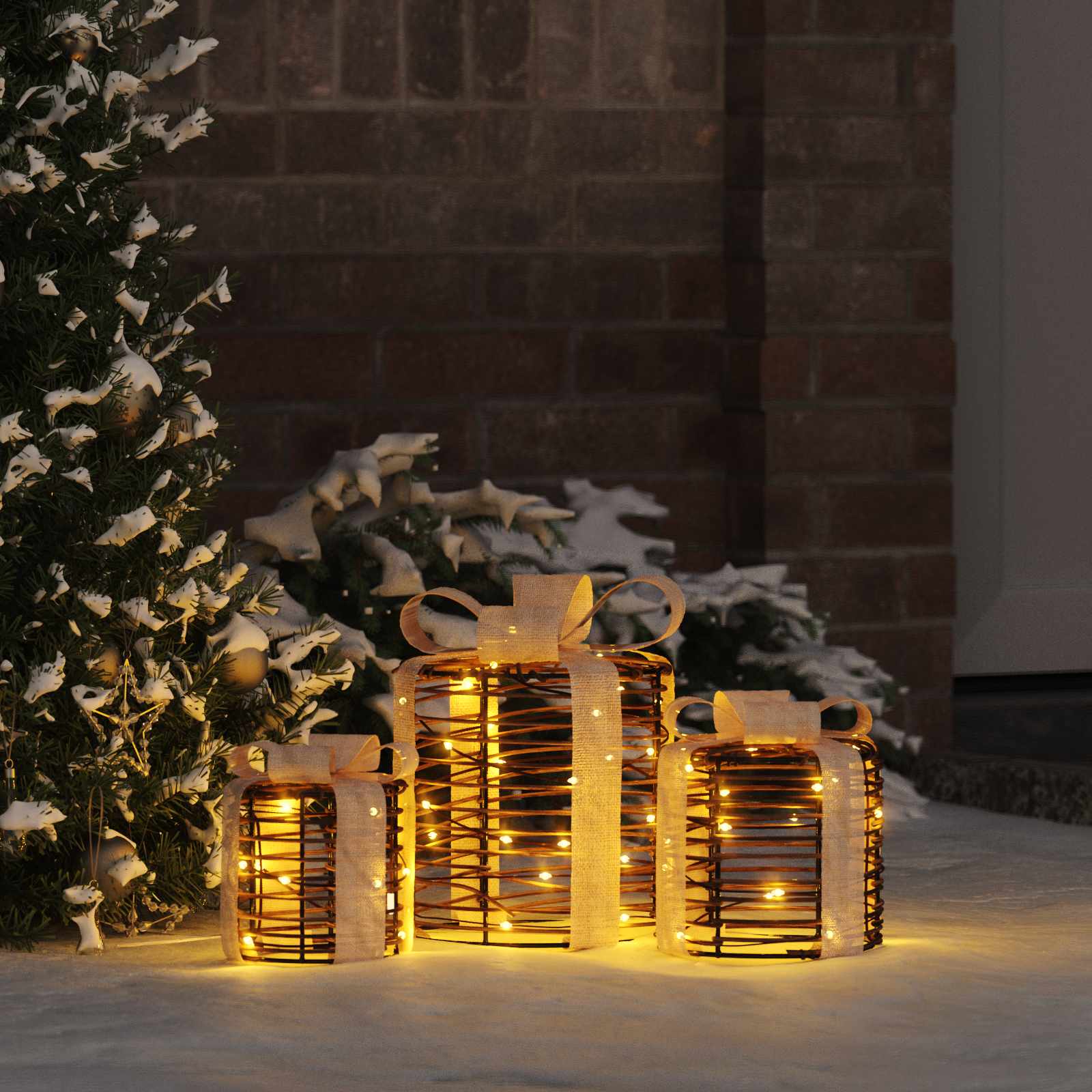Decorazione Scatola Regalo con 60 LED 3 pcs Bianco caldo Rattan 42019090