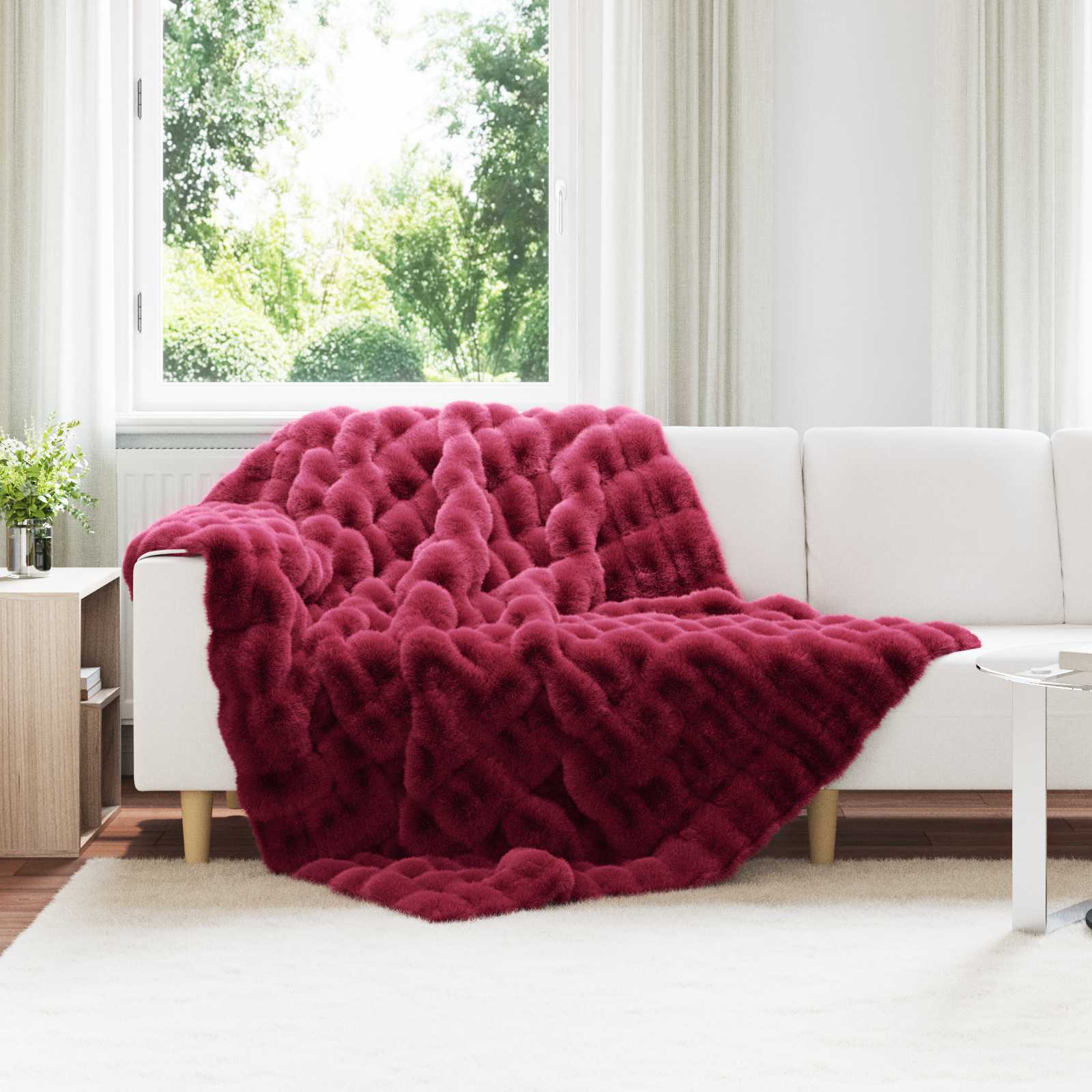 Coperta in Pelliccia di Coniglio Finta Rosso Bordeaux 42021850