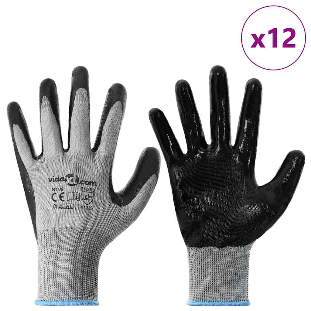 Guanti da Lavoro 12 pcs Grigio e Nero 9 / l Poliestere 42020704
