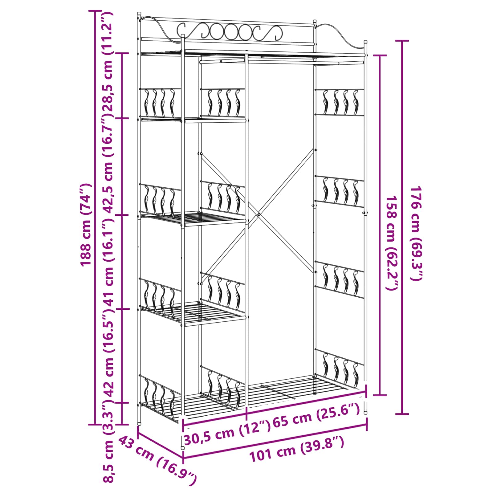 Armadio Aperto con lo scaffale Nero 100 x 43 x 188 cm Acciaio 42021359