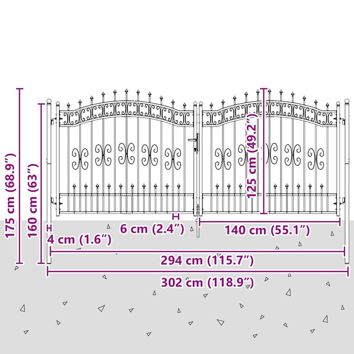 Cancello con Punta a Lancia Grigio 305 x 125 cm Acciaio 42009044