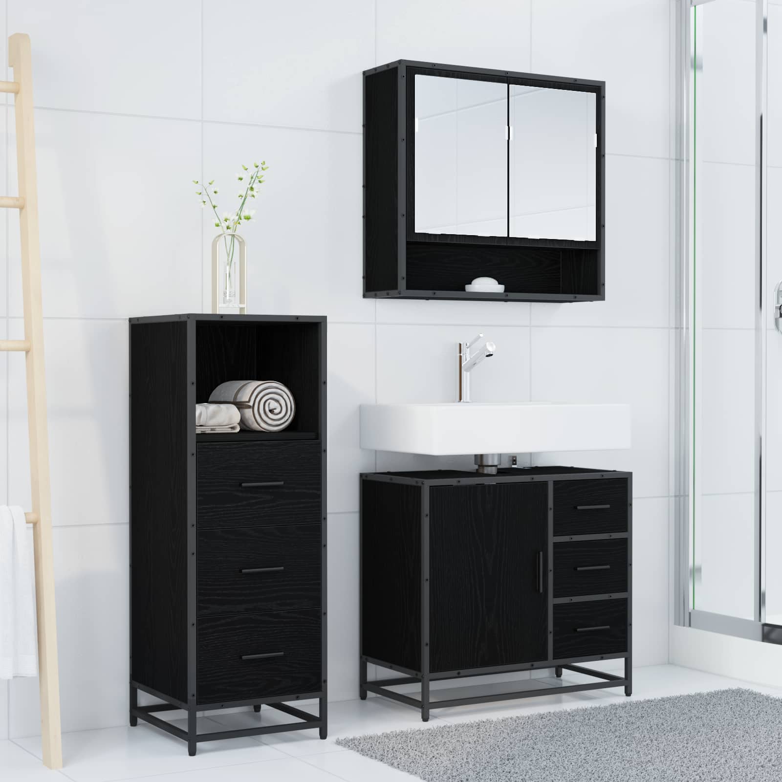 Set di mobili per il bagno 3 pcs Rovere Nero Legno multistrato