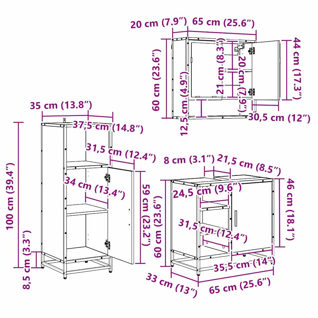 Set di mobili per il bagno con porta 3 pcs Rovere artigianale 3402343
